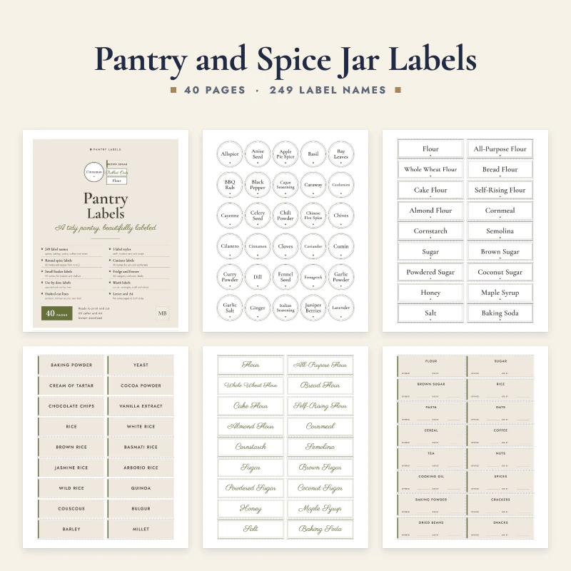 Pantry and spice jar labels: the cover and five label pages, round spice labels, canister labels in serif, bold and script styles, and date line labels