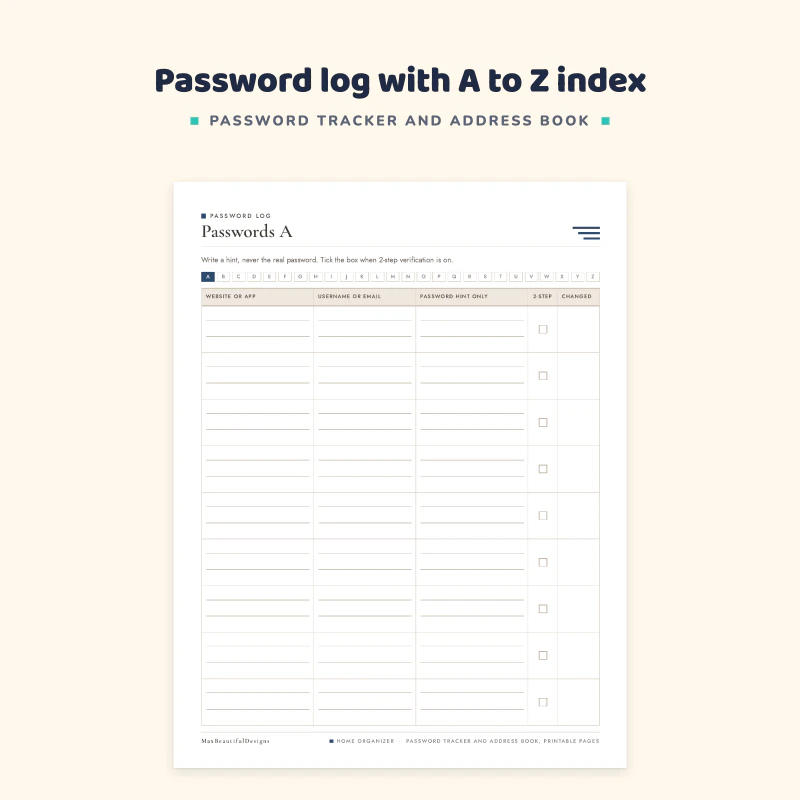 Top of the Passwords A page: an A to Z index strip and columns for website or app, username or email, password hint only, 2-step and changed date