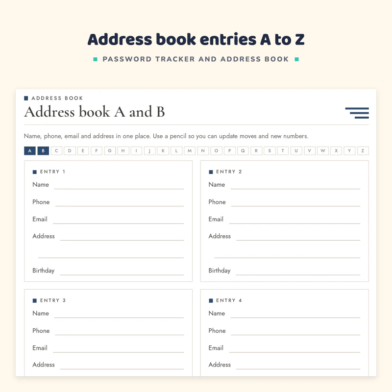 Top of the Address book A and B page: entry boxes with name, phone, email, address and birthday lines under an A to Z index strip