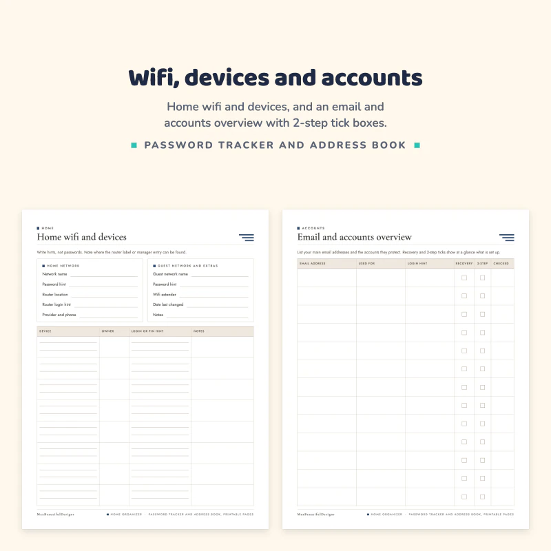 A home wifi and devices page with network details and a device table next to an email and accounts overview with 2-step tick boxes