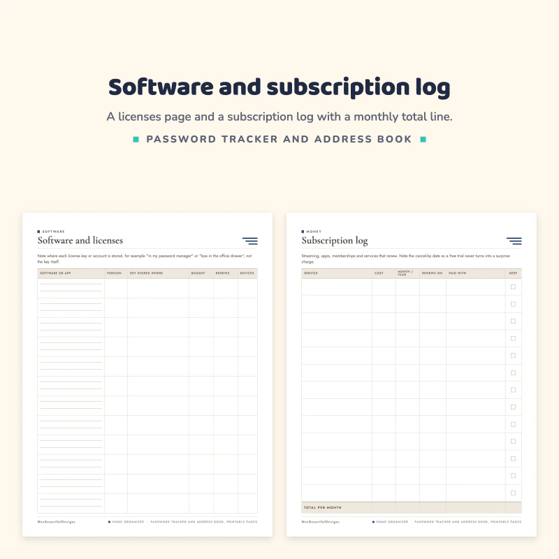 A software and licenses page next to a subscription log with a total per month line