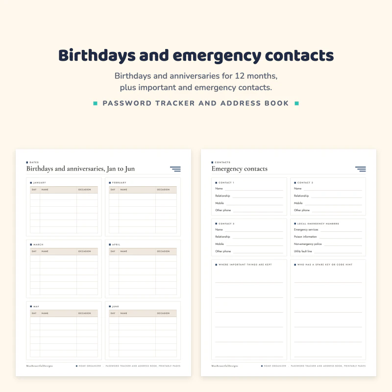 Birthdays and anniversaries January to June next to an emergency contacts page with contact boxes