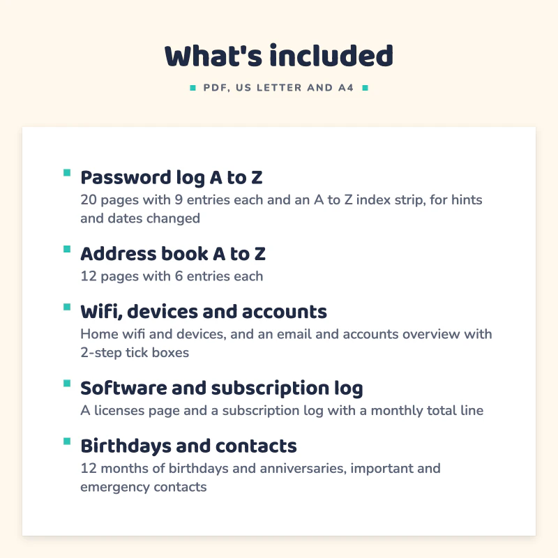 List of what is included in Password Tracker and Address Book: Password log A to Z, Address book A to Z, Wifi, devices and accounts, Software and subscription log, Birthdays and contacts.