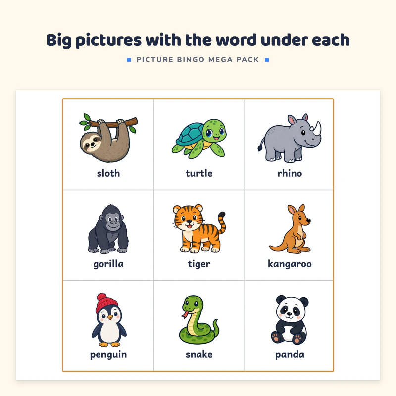 Close view of an animals bingo board: sloth, turtle, rhino, gorilla, tiger and kangaroo in large squares with their names