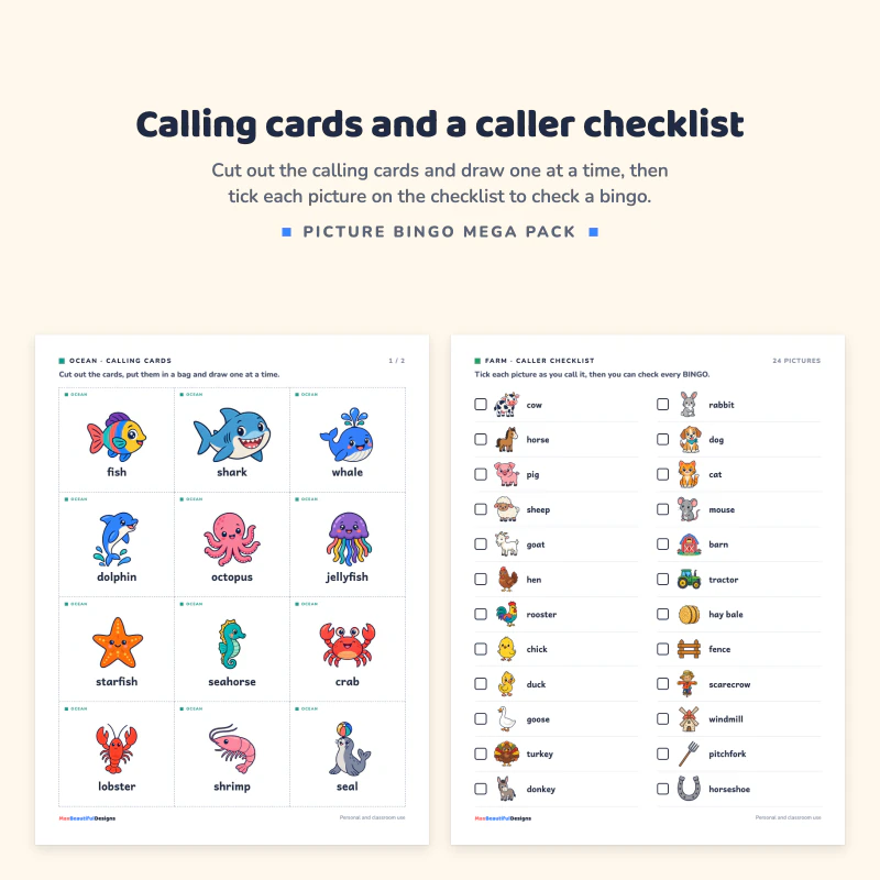 A page of ocean calling cards to cut out, next to the farm caller checklist with a tick box for every picture