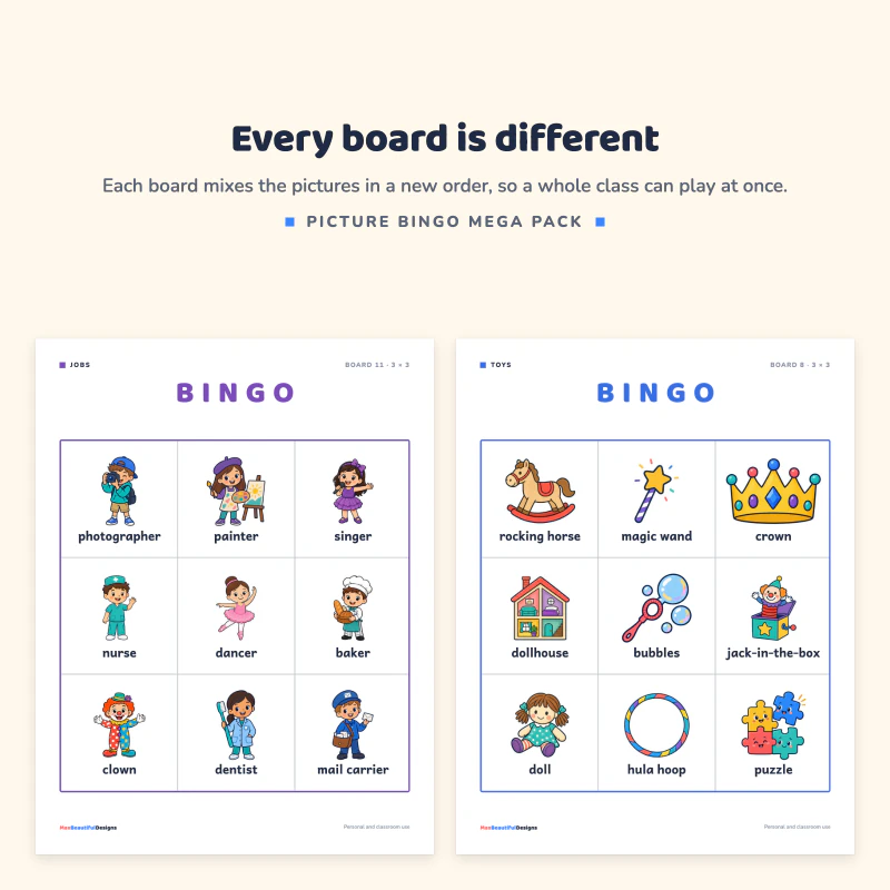 A jobs bingo board with photographer, painter and singer next to a toys bingo board with rocking horse, magic wand and crown
