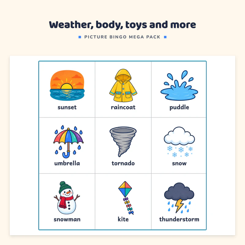 Close view of a weather bingo board: sunset, raincoat, puddle, umbrella, tornado and snow with their names