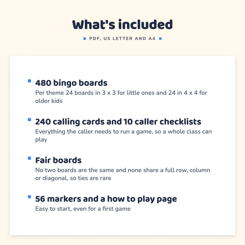 List of what is included in Picture Bingo Mega Pack: 480 bingo boards, 240 calling cards and 10 caller checklists, Fair boards, 56 markers and a how to play page.