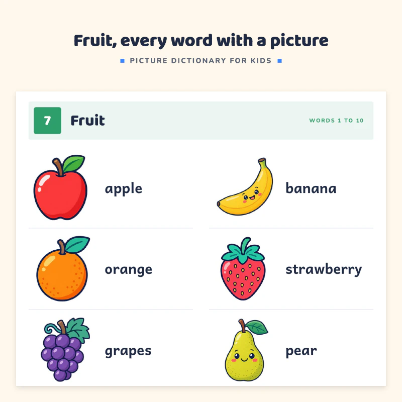 Fruit page with 20 pictures from apple and banana to watermelon and lemon, each with its word