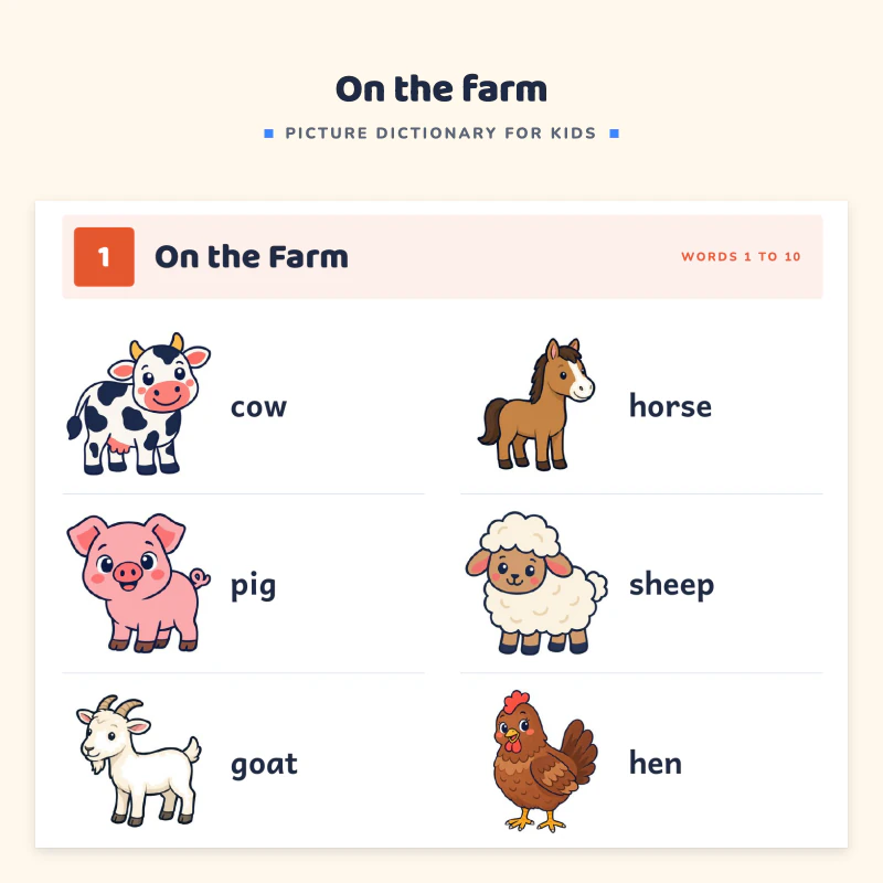 Farm page with a cow, horse, donkey, goose, pig, sheep and more farm words, each with a picture