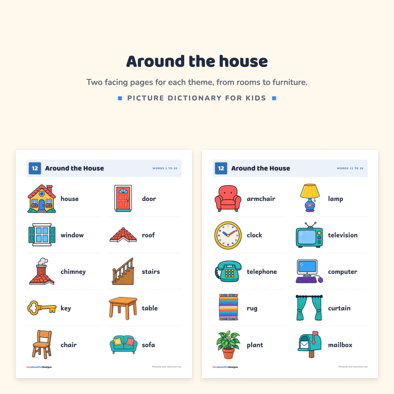 Two around the house pages with pictures of a house, door, key, chair, clock, lamp and television and their words