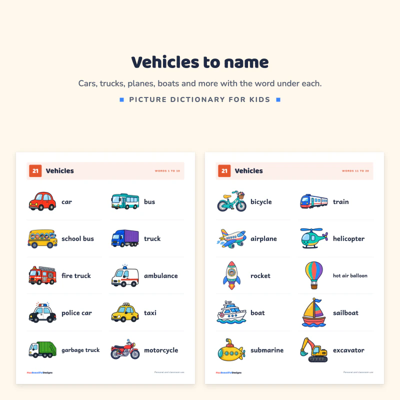 Two vehicles pages with a car, bus, school bus, train, airplane, rocket, boat and submarine with their words
