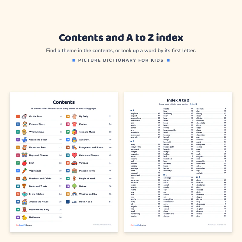 Contents page listing 25 themes next to an Index A to Z page with words and page numbers