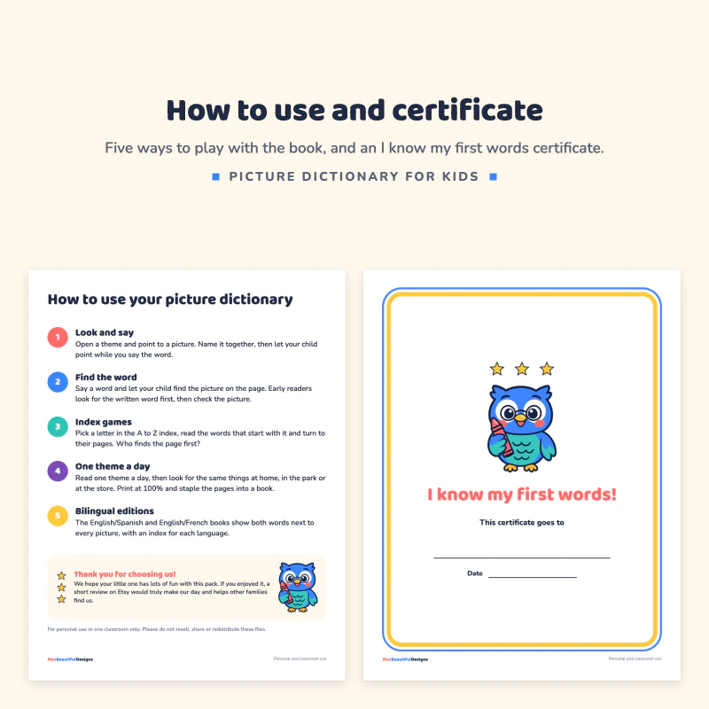 How to use your picture dictionary page next to the I know my first words certificate with Ollie the owl