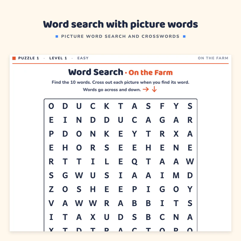 Close view of the On the Farm word search: a grid of letters with a note to find 10 words and cross out each picture when you find it