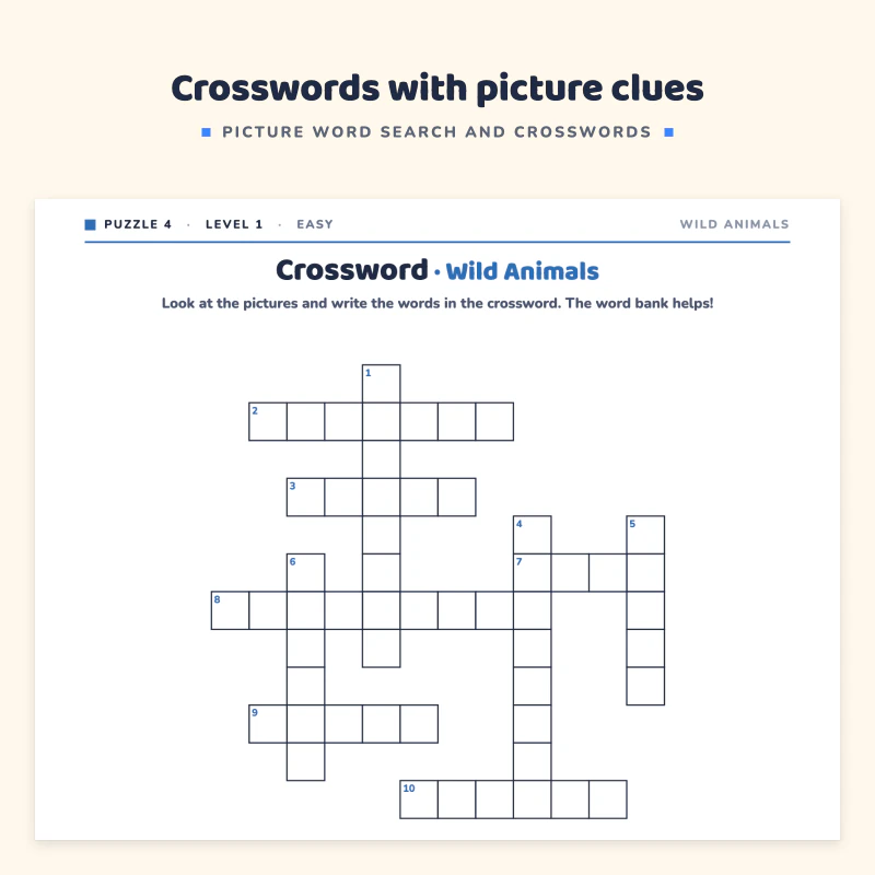 Close view of the Wild Animals crossword: an empty crossword grid with numbered squares and picture clues below