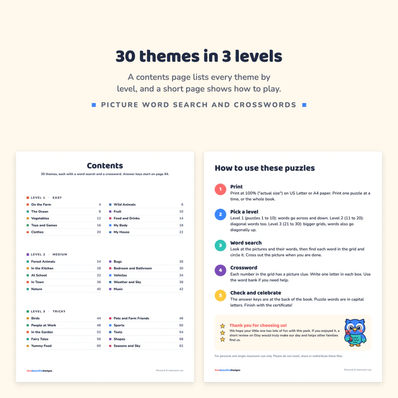 Contents page listing 30 themes in three levels next to the How to use these puzzles page