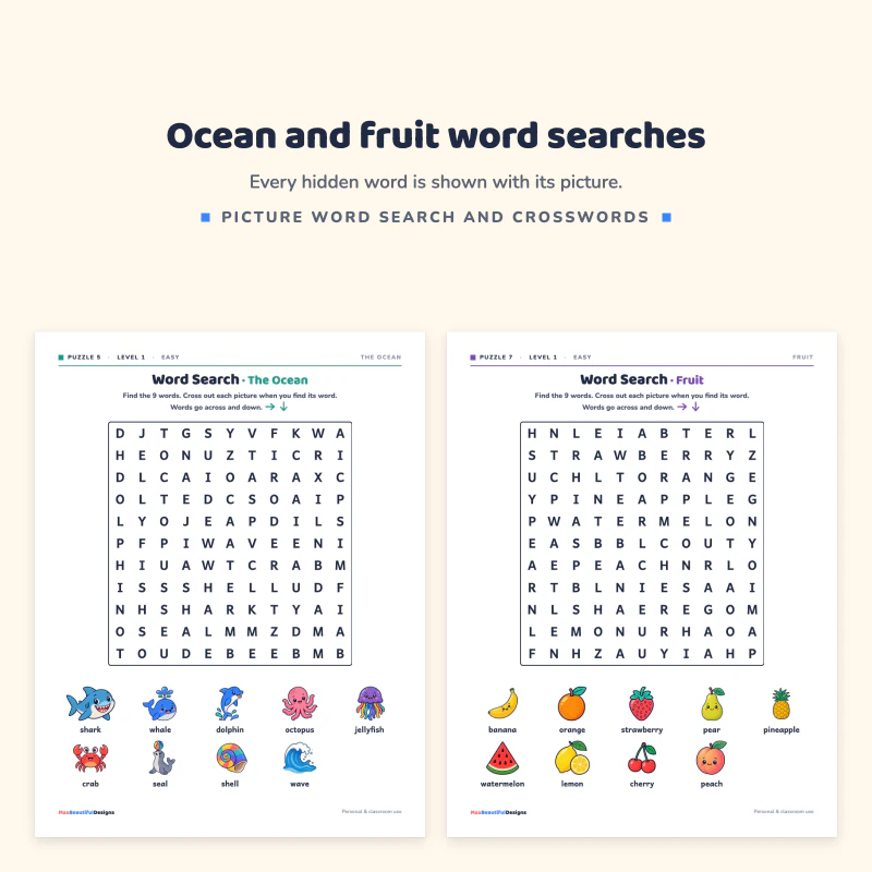 Ocean word search next to a fruit word search, each with pictures and word lists under the grid