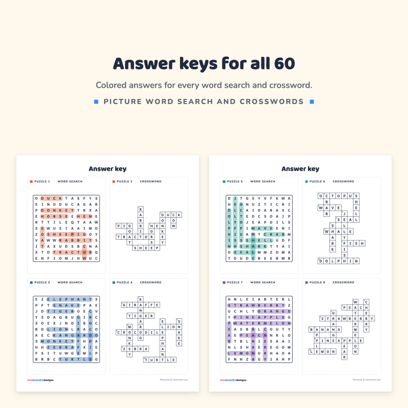 Two answer key pages with highlighted word searches and filled crosswords