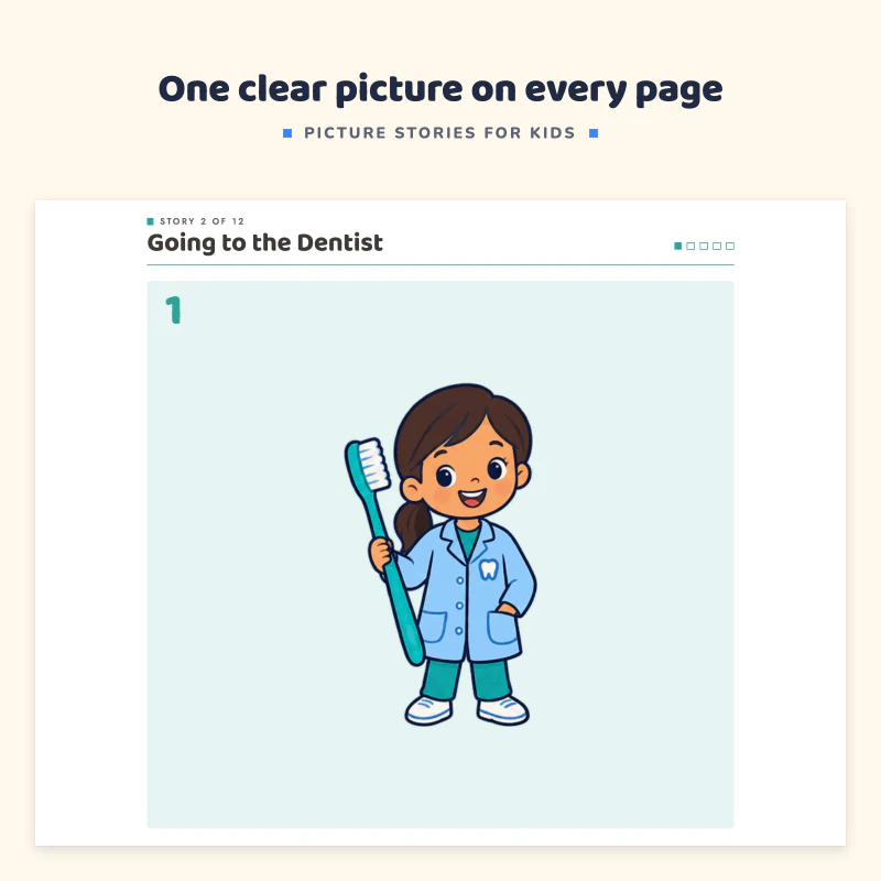 Going to the Dentist, picture 1: a friendly dentist in a white coat holding a big toothbrush