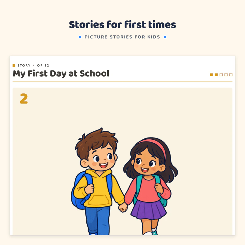 My First Day at School, picture 2: two children with backpacks walking to school