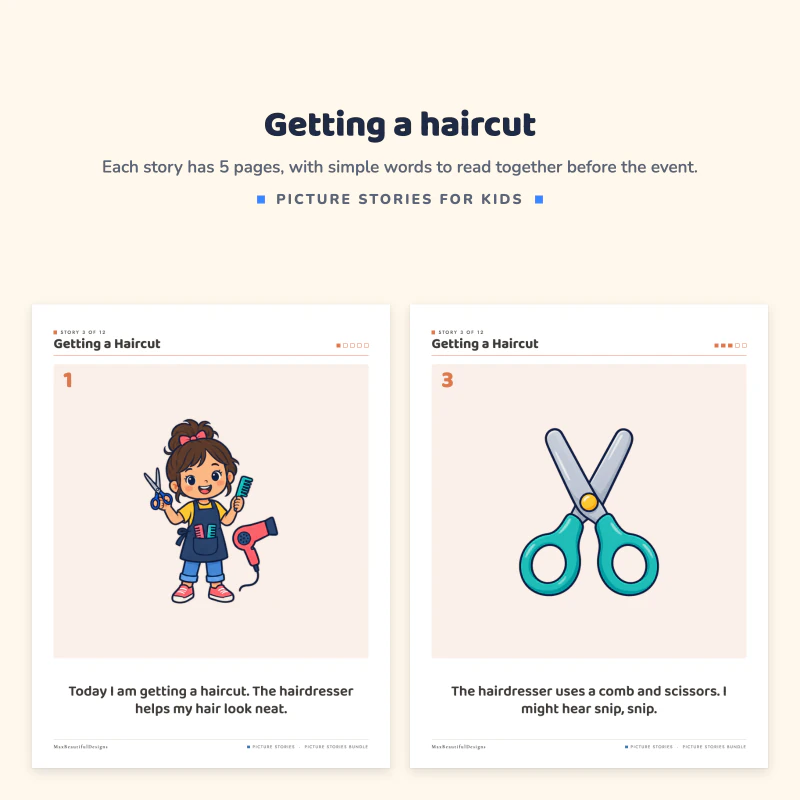 Getting a Haircut story pages: a hairdresser with scissors and a hair dryer, and a pair of scissors with a sentence