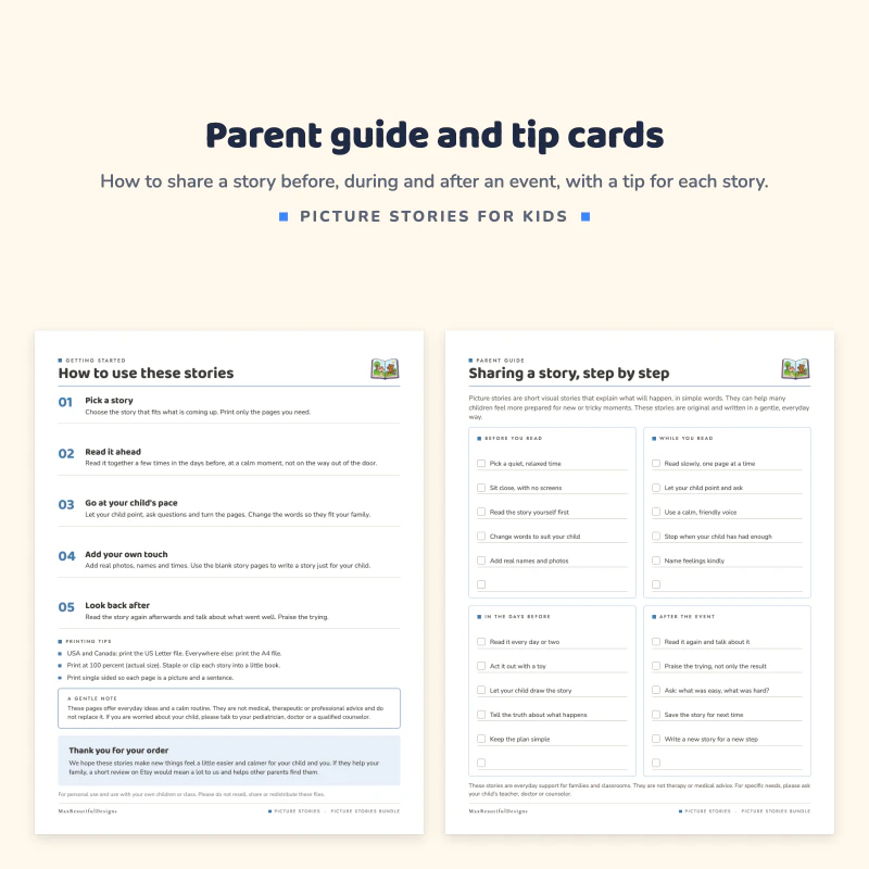 How to use these stories page with five steps, next to a sharing a story step by step guide page