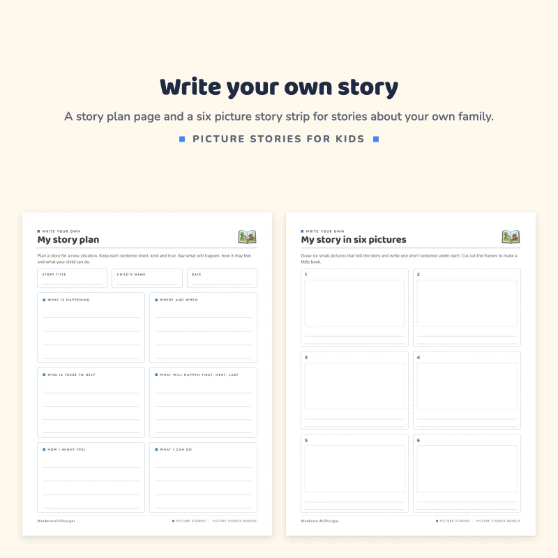 My story plan page with boxes to fill in, next to a my story in six pictures page with drawing boxes