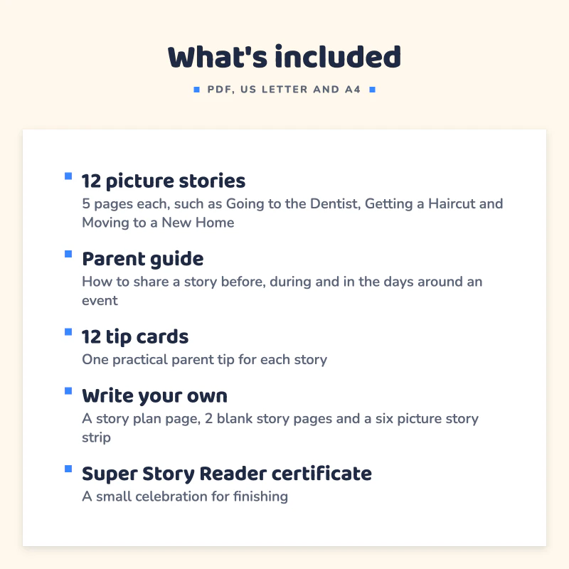 List of what is included in Picture Stories for Kids: 12 picture stories, Parent guide, 12 tip cards, Write your own, Super Story Reader certificate.