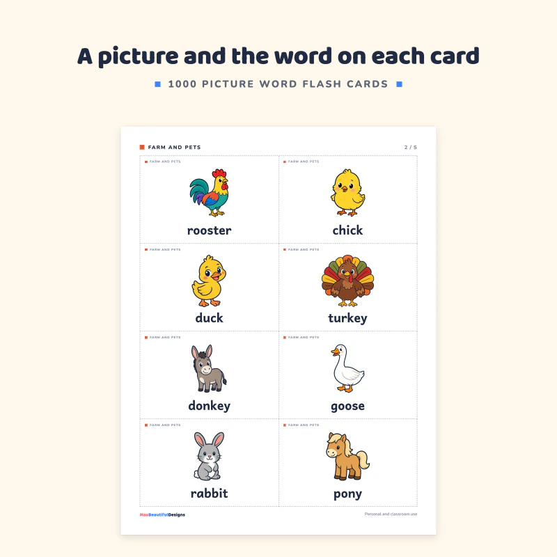Top of a farm and pets card page: rooster, chick, duck, turkey, donkey and goose, each with a friendly picture and the word below