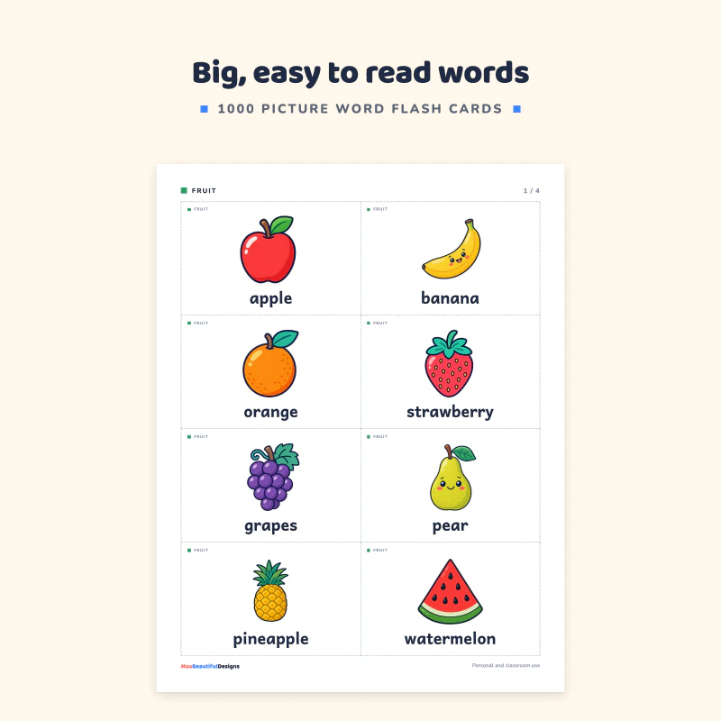 Top of a fruit card page: apple, banana, orange, strawberry, grapes and pear with the word in big letters under each picture