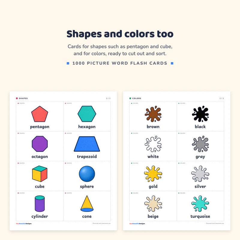 A shapes page with pentagon, hexagon, octagon, trapezoid, cube, sphere, cylinder and cone next to a colors page with brown, black, white, gray, gold, silver, beige and turquoise