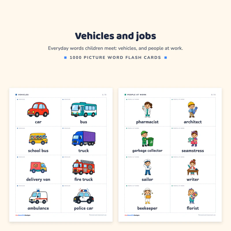 A vehicles page with car, bus, school bus, truck, delivery van, fire truck, ambulance and police car next to a people at work page with pharmacist, architect and more