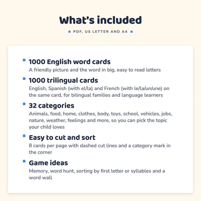List of what is included in 1000 Picture Word Flash Cards: 1000 English word cards, 1000 trilingual cards, 32 categories, Easy to cut and sort, Game ideas.