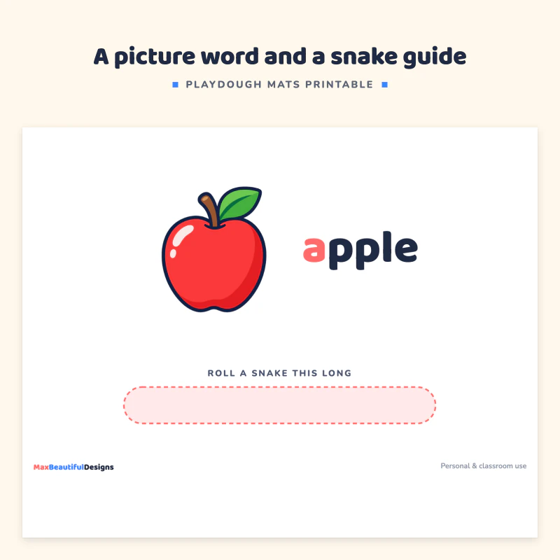 Bottom of the letter A mat: an apple picture with the word apple and a dashed line to roll a dough snake on