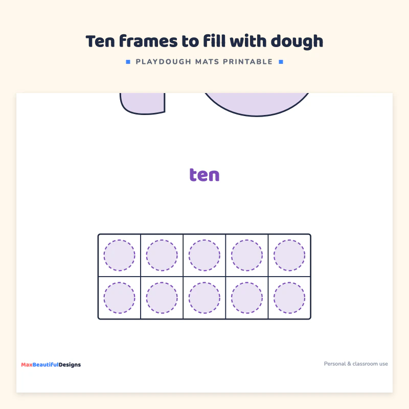 Bottom of the number 10 mat: the word ten and two ten frames with a circle for every dough ball