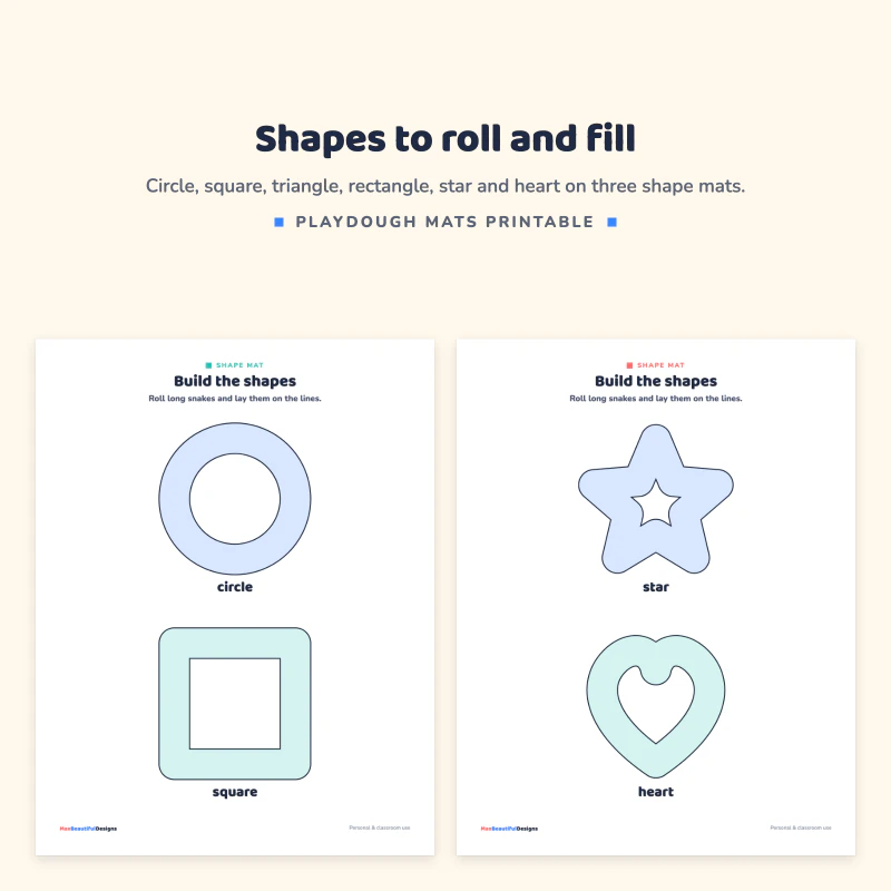 A shapes mat with circle and square next to a shapes mat with a star and a heart, both outlined to fill with dough