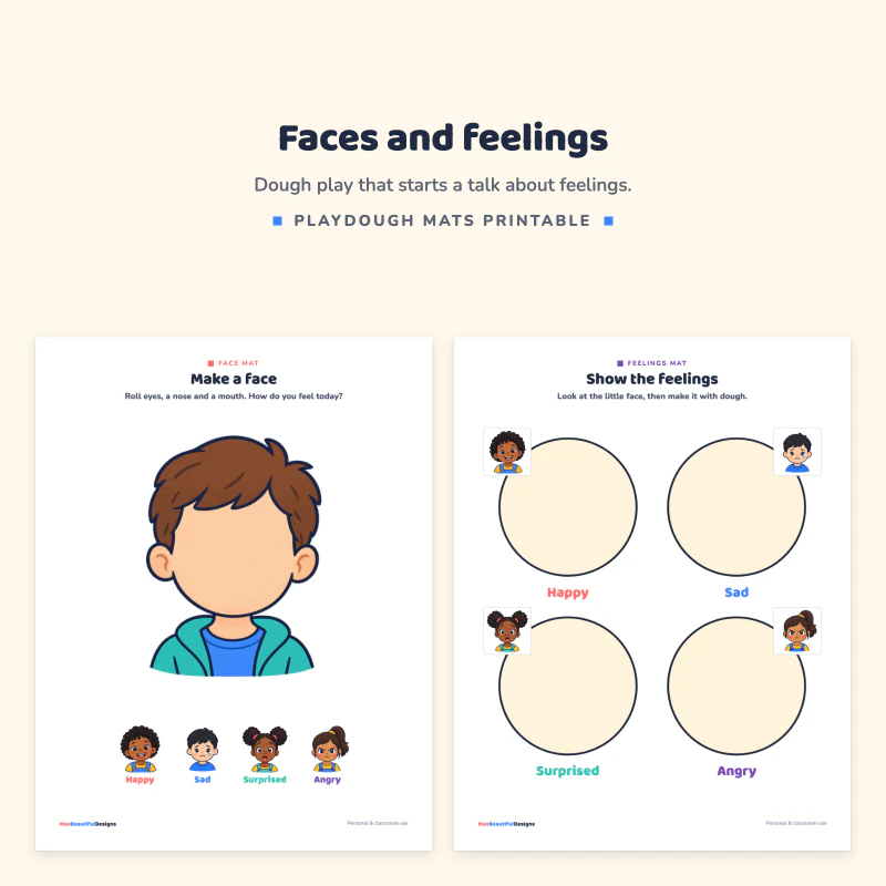 A make a face mat with a boy's face to build with dough next to a show the feelings mat with happy, sad, surprised and angry circles