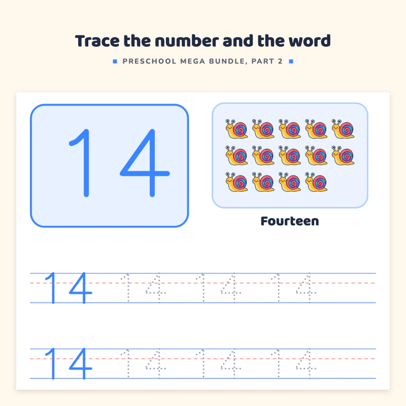 Number tracing page for 14: the big number with a picture of 14 strawberries, the word fourteen, and rows to trace