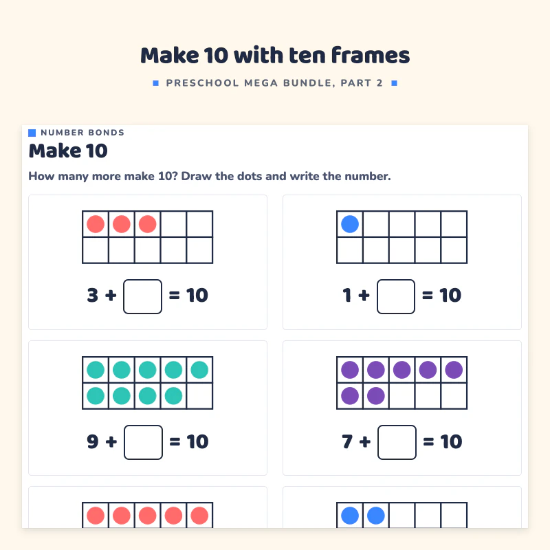 Early math page Make 10: number sentences with ten frames and a box for the missing number