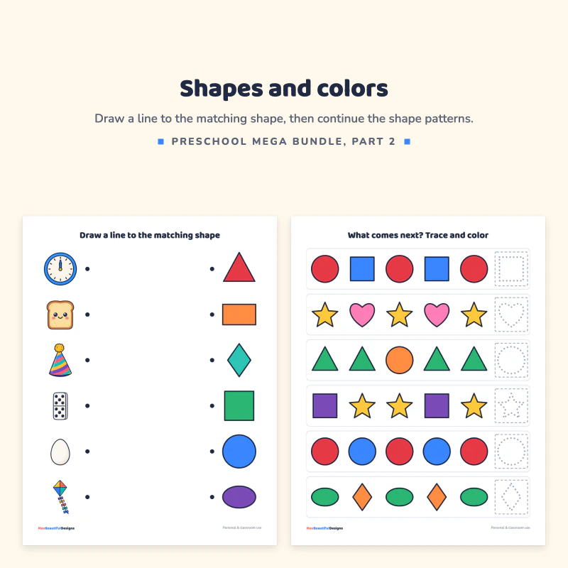 Shapes page with a line to the matching shape, next to a what comes next page with rows of colored shapes