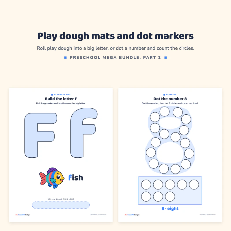 Play dough mat with a big letter F and a fish, next to a dot the number 8 page with a counting frame