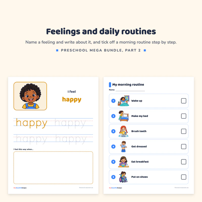 I feel happy page with a traced word and a writing box, next to a My morning routine chart with picture steps and tick boxes