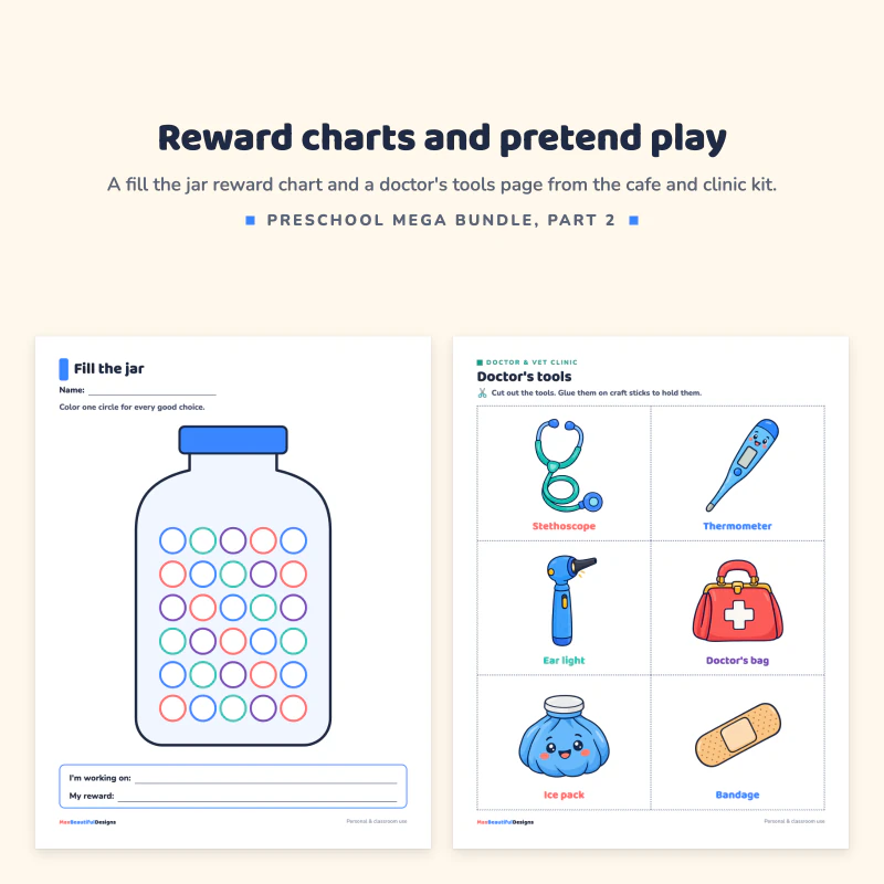 Fill the jar reward chart with a jar of circles, next to a doctor's tools page with a stethoscope, thermometer and first aid bag