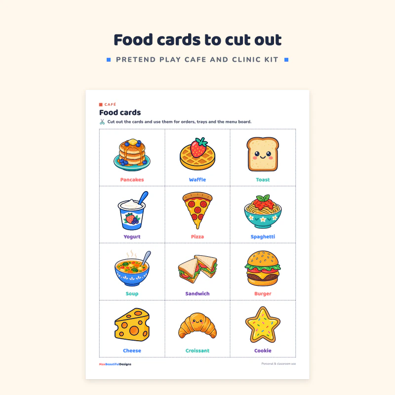 Close view of food cards: pancakes, waffle, toast, yogurt, pizza, spaghetti, soup, sandwich and burger, each with its name