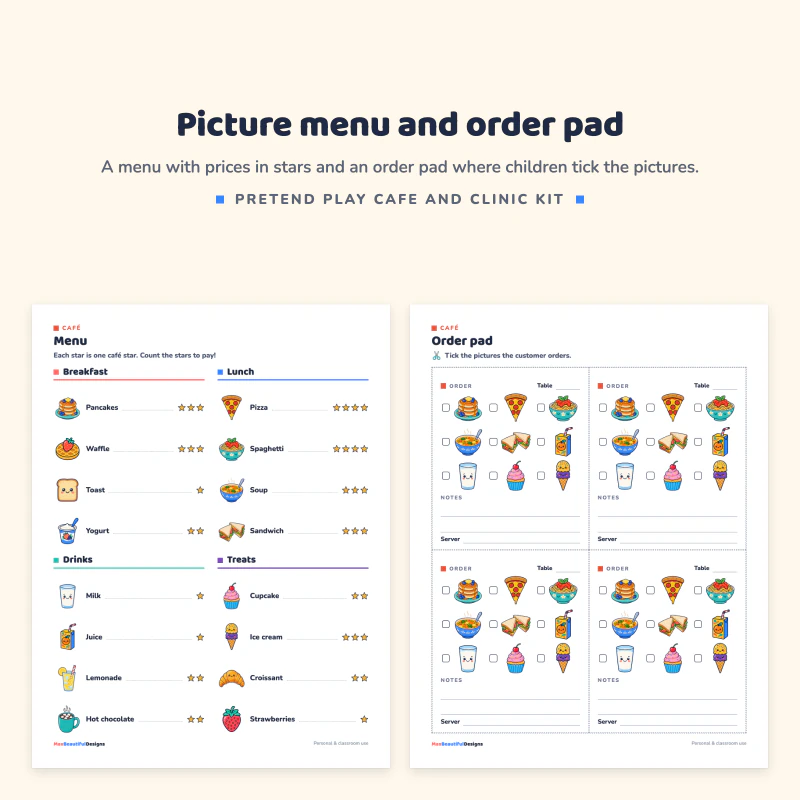 Cafe menu with breakfast, lunch, drinks and treats with star prices next to an order pad with food pictures to tick