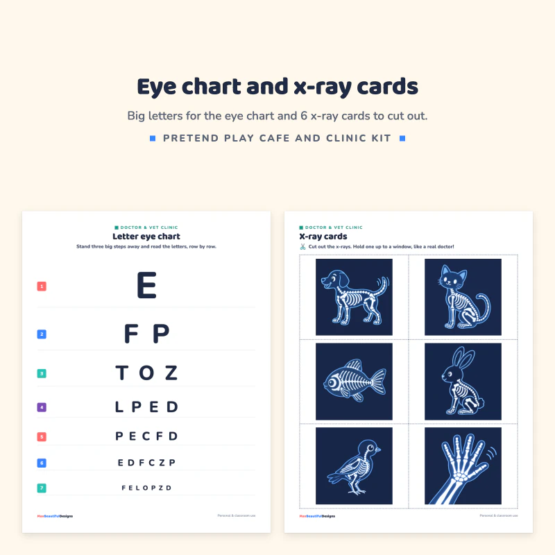 Letter eye chart with rows of shrinking letters next to x-ray cards of a dog, cat, fish, rabbit, bird and a hand