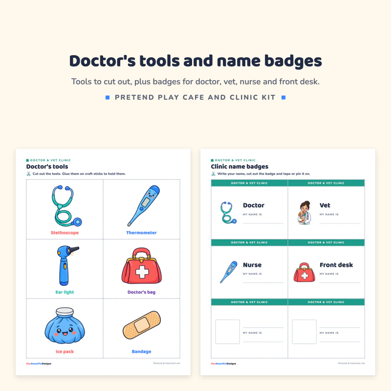 Doctor's tools page with stethoscope, thermometer, ear light and bag next to clinic name badges for doctor, vet, nurse and front desk