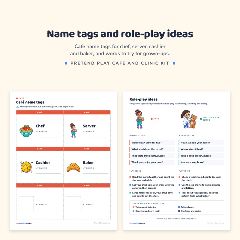 Cafe name tags page next to the role-play ideas page with words to try and play ideas