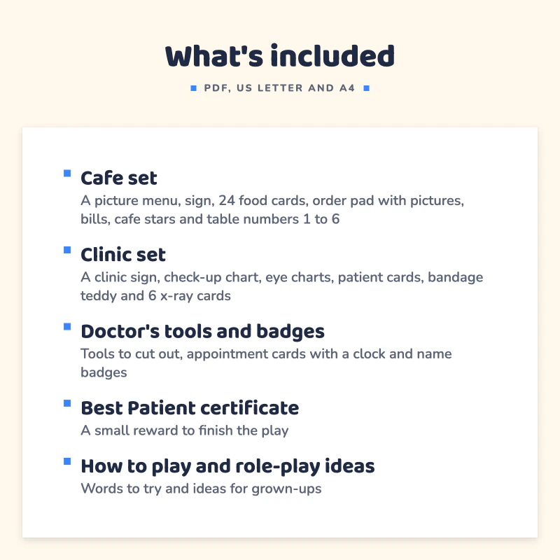 List of what is included in Pretend Play Cafe and Clinic Kit: Cafe set, Clinic set, Doctor's tools and badges, Best Patient certificate, How to play and role-play ideas.